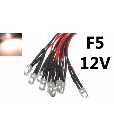 Светодиод LED F5 5мм 12V теплый белый с проводом 18-20см (15857)
