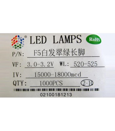 Светодиод F5 5мм long green зеленый прозрачный длинные ножки 10шт (15835)