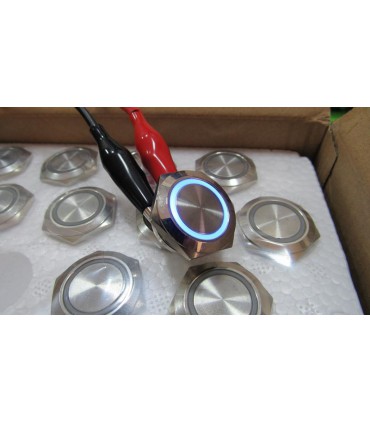 Кнопка антивандальная тактовая без фиксации хром 22мм синий цвет (18105)