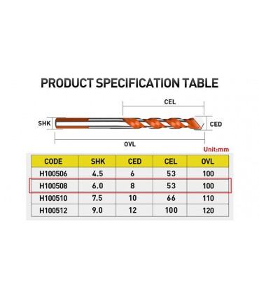 Сверло для керамики HUHAO H100508 8мм (16725)