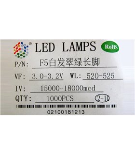 Светодиод F5 5мм long green зеленый прозрачный длинные ножки 10шт (15835)